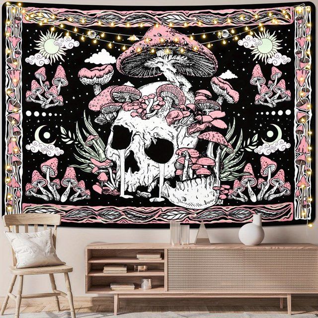VIKAMA Wandbehang Skull Mushroom im American Vintage Stil, Mehrfarbig, Böhmischer Stil für Schlafzimmer und Studio - Bild 1