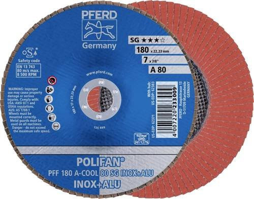 PFERD Polifan A-COOL Fächerschleifscheibe 80 SG für Edelstahl und Aluminium, Durchmesser: 180 mm, Bohrungs-Ø: 22,23 mm - Bild 1