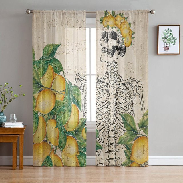 Retro Transparente Vorhänge mit Totenkopf und Zitronen-Motiv in Grau, Material Polyester, Breite: 135 cm, Höhe: 115 cm - Bild 1