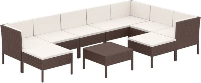 vidaXL 10-tlg Garten-Lounge-Set aus Poly Rattan in Braun mit Auflagen und Couchtisch, L-Form mit Ottoman und Eckelementen - Bild 1