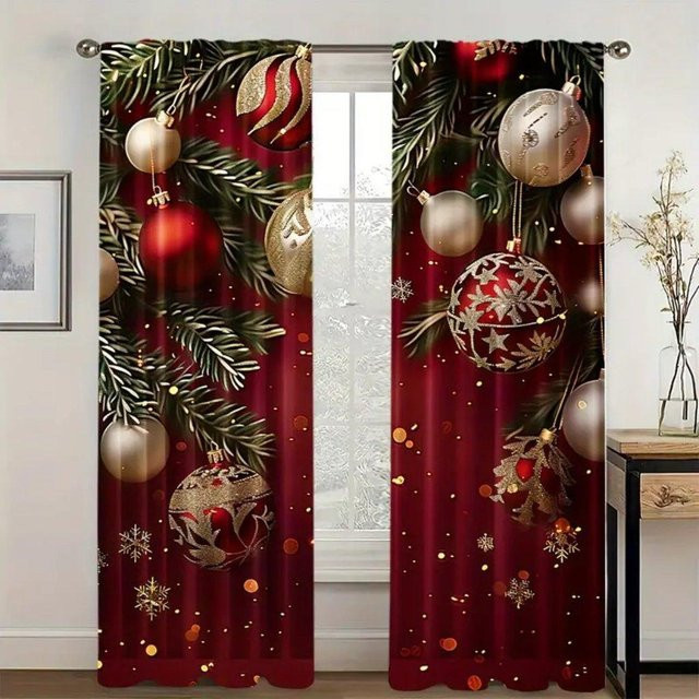 2er-Set rote Weihnachtsmuster Fenstergardinen mit Weihnachtskugeln aus Polyester, B/H: 67 x 185 cm - Bild 1
