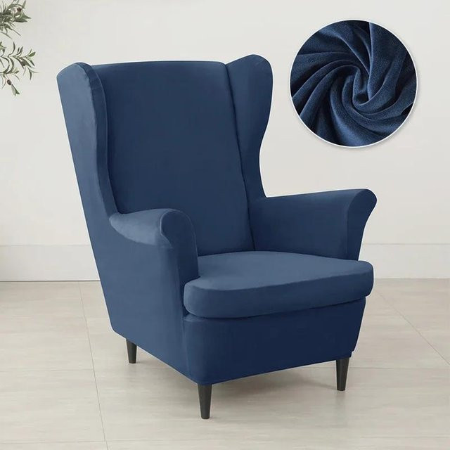 Elastischer Ohrensesselbezug aus Samt und Stretch-Spandex in Blau mit Sitzkissenbezug - Bild 1
