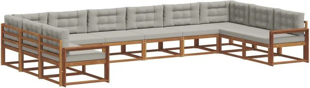 vidaXL Outdoor-Sofagarnitur aus massivem Akazienholz in U-Form, 10-teiliges Set in Natur und Hellgrau mit UV-beständigen Polsterkissen - Bild 1