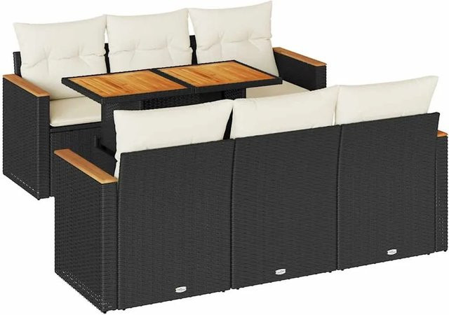 vidaXL 7-teilige Garten-Sofagarnitur aus Poly-Rattan und Akazienholz in Schwarz-Creme mit Kissen - Bild 1