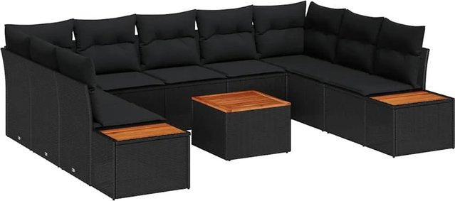 vidaXL 10-teiliges Garten-Sofaset aus Polyrattan und Akazie in Schwarz mit Kissen und Stauraum - Bild 1