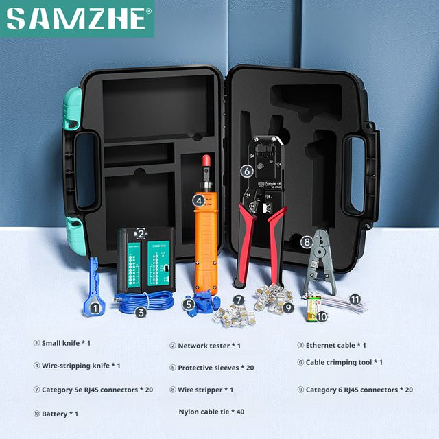 SAMZHE 11-in-1 Ethernet-Werkzeugset für CAT6/CAT5e RJ45-Stecker inklusive Abisolierzange, Punch-Down-Werkzeug und LAN-Kabeltester für Netzwerkinstallationen - Bild 1