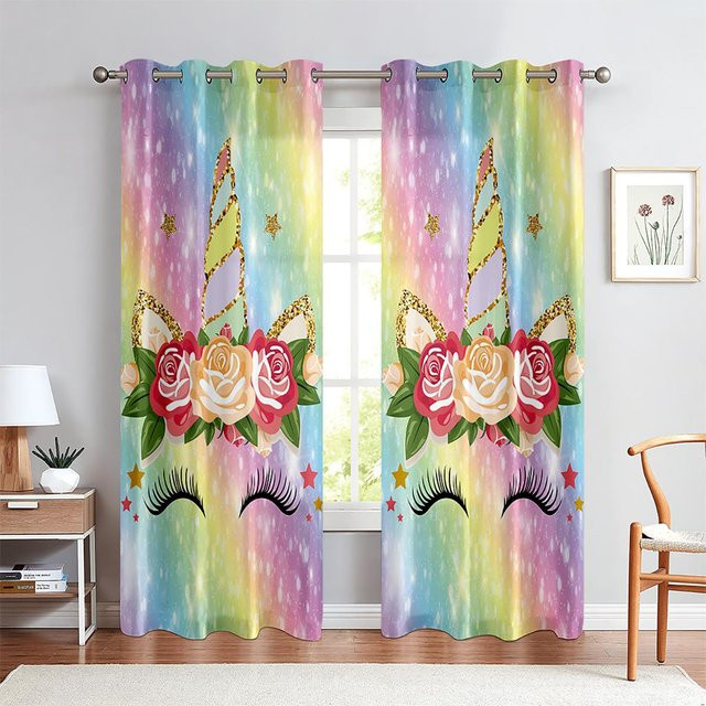Yiran Furniture Einhorn und Regenbogen Vorhänge für Kinderzimmer, 2er-Set, Mehrfarbig, B: 100 cm, H: 130 cm - Bild 1