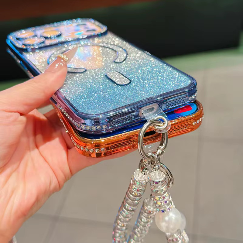 Edge Diamond Flash Powder Handyhülle mit Linsenschutz und kabellosem Lade-Hängekordel für iPhone 17 Pro Max, 16, 15, 14, 13 in Silber oder Blau - Bild 1