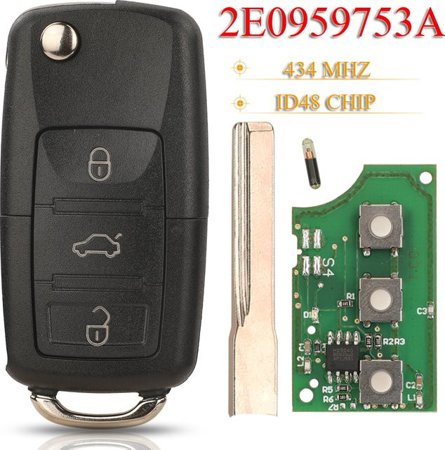 Jingyuqin 3-Tasten Klappschlüssel Fernbedienung mit ID48 Chip 434MHz für VW Volkswagen Crafter 2006-2011 Schwarz 2E0-959-753-A - Bild 1