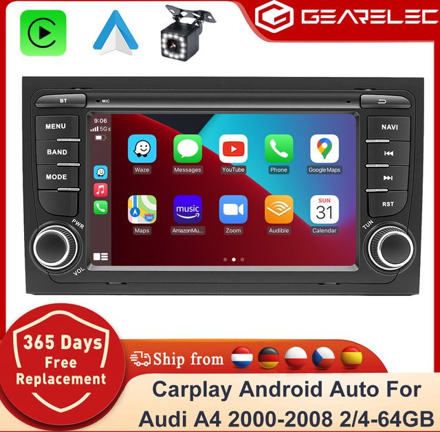 GEARELEC Android 14 Autoradio für Audi A4 2000-2008 mit 7 Zoll Display, kabelloses CarPlay, Android Auto, GPS und Bluetooth in Schwarz - Bild 1