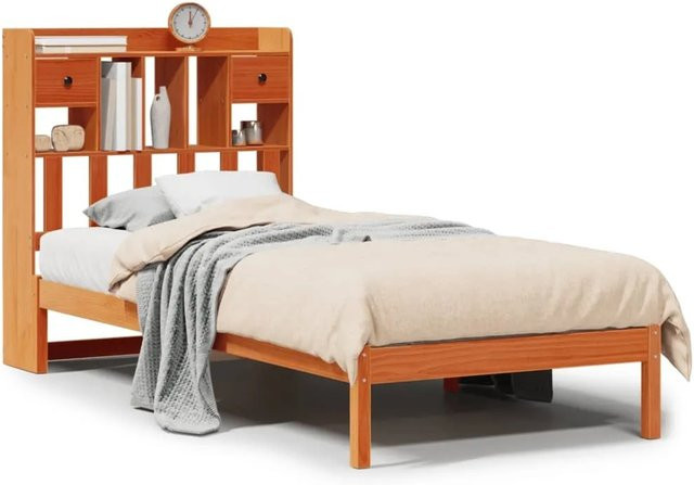 vidaXL Massivholzbett aus Kiefernholz mit Kopfteil und Regal in Braun, B/T/H: 100 x 200 x 106 cm - Bild 1
