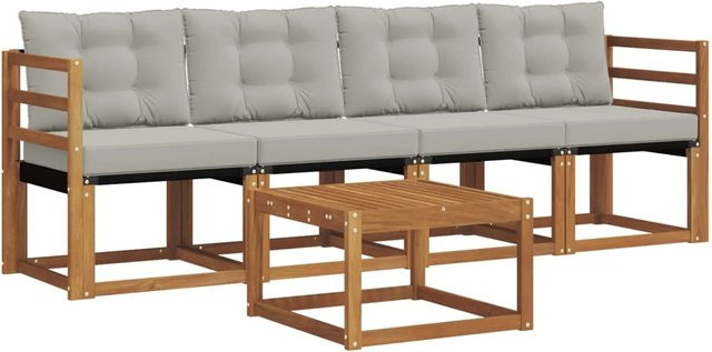 vidaXL Outdoor-Sofagarnitur aus Akazienholz und Textilene in Natur und Grau mit Kissen und Tisch - Bild 1