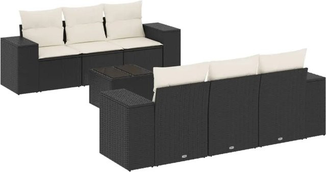 vidaXL 7-teilige Garten-Sofagarnitur aus Polyrattan in Schwarz mit Kissen und Stauraum - Bild 1