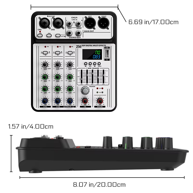 VBNM Professioneller 4-Kanal 256DSP Audio Mixer mit 48V Phantomspeisung, USB und Bluetooth in Weiß - Bild 6
