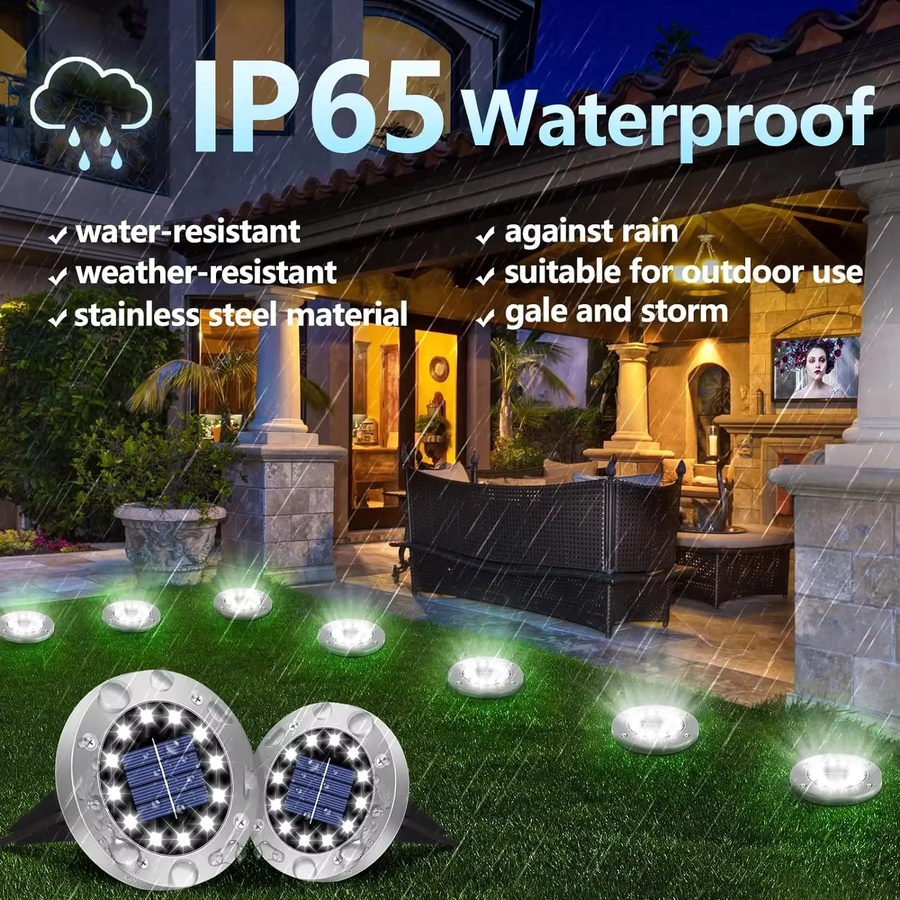 Wasserdichte Solar-Bodenleuchten mit 12 LED für Garten und Terrasse, weiße Solar-Scheibenleuchten in moderner runder Form mit warmweißem Licht - Bild 3