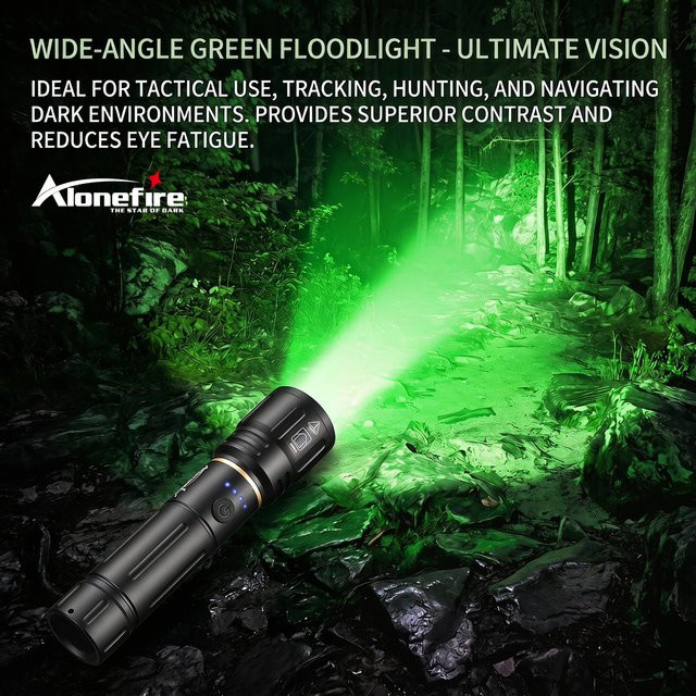 Alonefire Zoom-Taschenlampe mit grünem LED-Licht, USB-wiederaufladbare Aluminium-Taschenlampe in Schwarz für Camping, Outdoor, Wandern, Jagd und Angeln - Bild 1