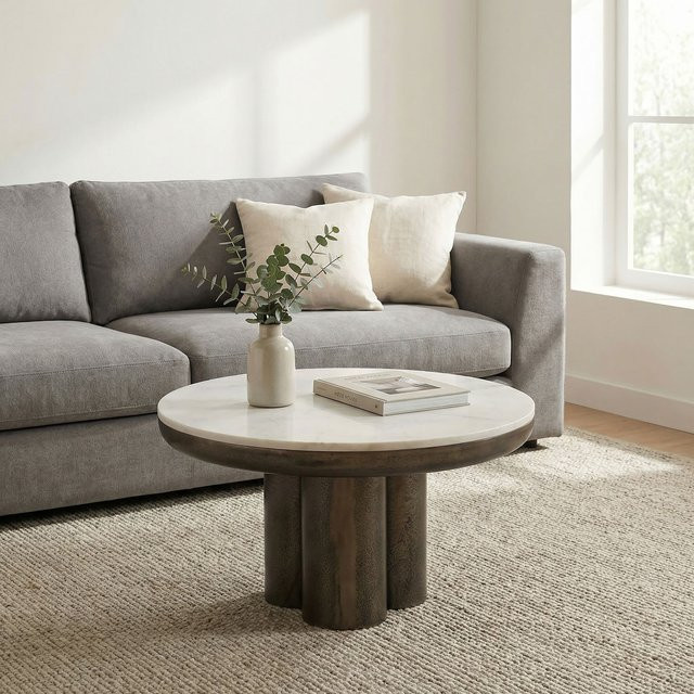 Runder Couchtisch Finebuy mit weißer Marmorplatte und Metallgestell, Durchmesser: 60 cm, Höhe: 35 cm - Bild 1