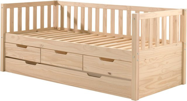 Kojen Bett Fritz von vipack aus Kiefer massiv mit Sprossenumrandung, 3 Schubladen und Rolllattenrost in White lackiert, Liegefläche B: 90 cm, L: 200 cm - Bild 1