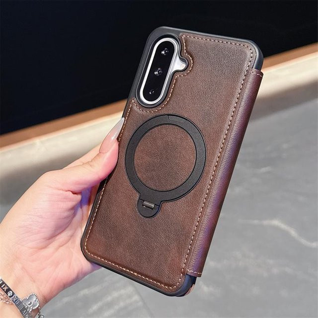 PU-Leder Kartenetui Klapphülle für Samsung Galaxy A56 A36 A26 A16 A55 A35 A15 A17 mit magnetischem Magsafe 360 Grad rotierendem Ring Halter in Braun - Bild 1
