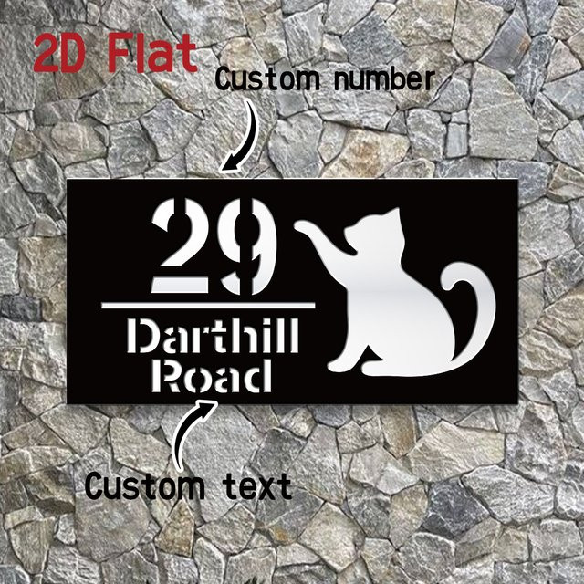 Personalisiertes Hausnummernschild aus Acryl mit Katzenmotiv in Schwarz für Haus, Wohnung und Briefkasten - Bild 1