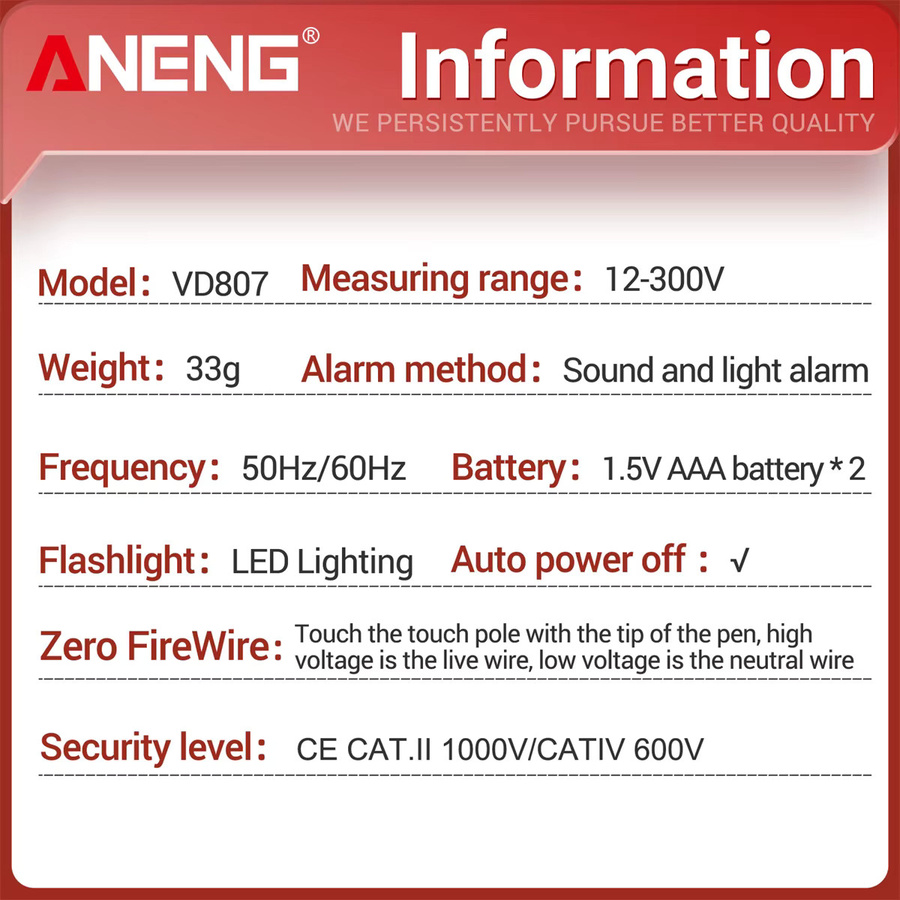 ANENG VD807 Berührungsloser Spannungsprüferstift Induktionsspannungsdetektor in Schwarz und Rot für AC 12-300 V 50/60 Hz - Bild 5