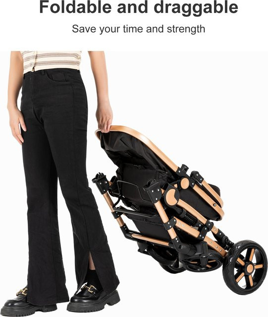 Magic ZC 3-in-1 Baby-Reisesystem mit umkehrbarem Kinderwagen, Babyautositz und stoßdämpfenden EVA-Rädern in Beige und Schwarz - Bild 1