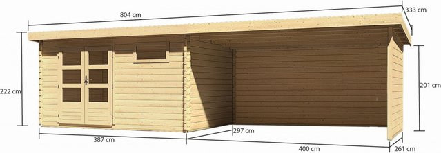 Gartenhaus Holz BASTRUP 8 Blockbohlenhaus Naturbelassen mit 400 m2 Anbaudach B/T/H: 387 x 297 cm - Bild 1
