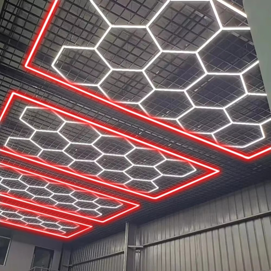 Oyajia 14er Set Sechseckige LED-Garagenbeleuchtung mit rotem Rahmen, moderne Deckenleuchten für Autoausstellungen, 6500K Kaltweiß - Bild 2