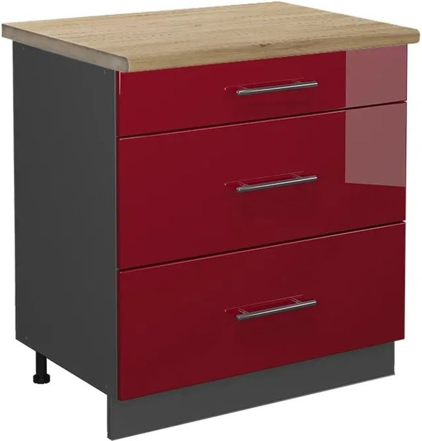Vicco Küchenunterschrank Fame-Line Bordeaux Hochglanz Anthrazit mit 3 Soft-Close-Schubladen Eiche B: 80 cm, H: 82 cm, T: 60 cm - Bild 1