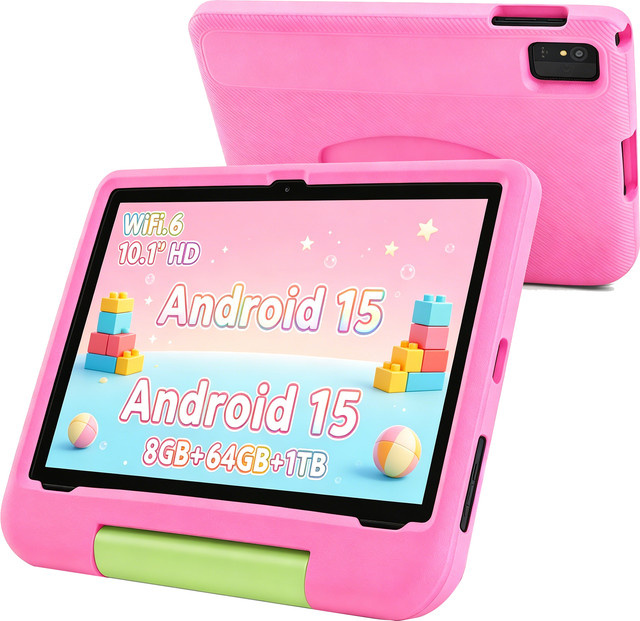 Paitanry Kinder-Tablet mit 10,1 Zoll Display, Android 15, 8GB RAM, 64GB ROM, WiFi, Augenschutz und Silikonhülle in Pink - Bild 1