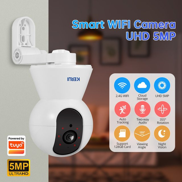 Kerui Tuya Smart Mini Wifi IP-Kamera 4K 8MP mit Halterung, White, Indoor Wireless Home Security mit KI-Personenerkennung und CCTV-Überwachung - Bild 1