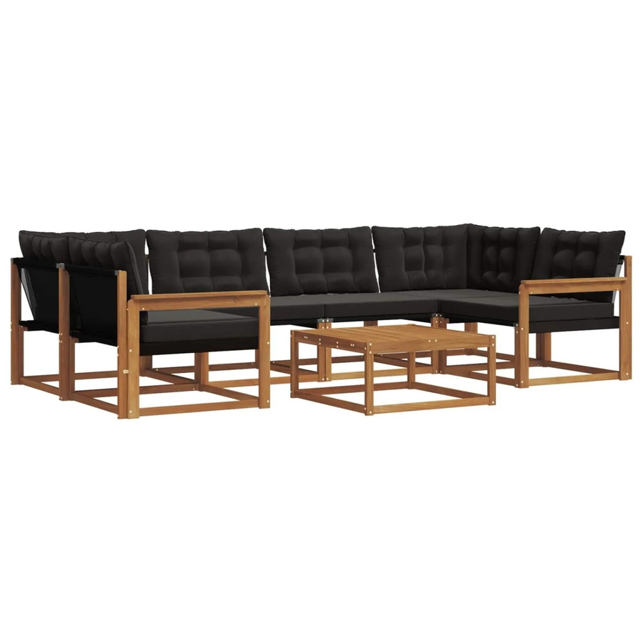 vidaXL Outdoor-Sofagarnitur 7-teilig in U-Form aus Akazienholz und Textilene mit Kissen, Schwarz und Natur - Bild 2