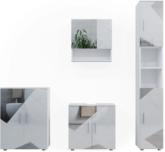 Vicco Badmöbelset Irma in Weiß Hochglanz mit 4-teiligem Set inklusive Spiegelschrank, Hochschrank und Kommode - Bild 2