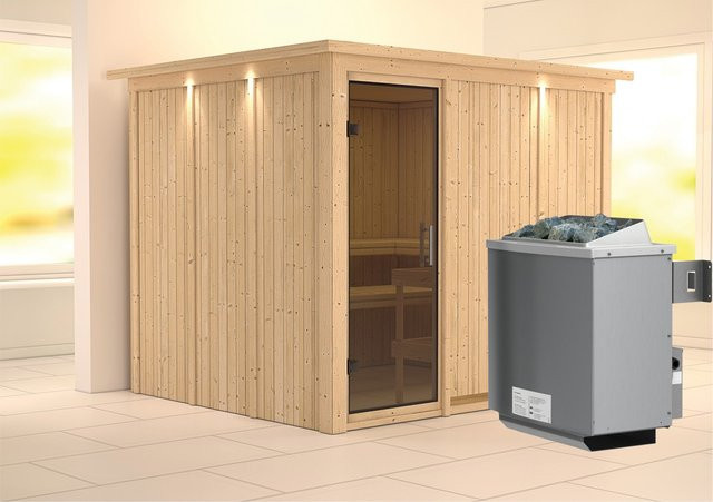 Karibu Sauna Gunda mit 9,0 kW Ofen, integrierter Steuerung, LED-Dachkranz und Ganzglastür, Farbe: Grau/Braun, B/T/H: 231 x 196 x 245 cm - Bild 1