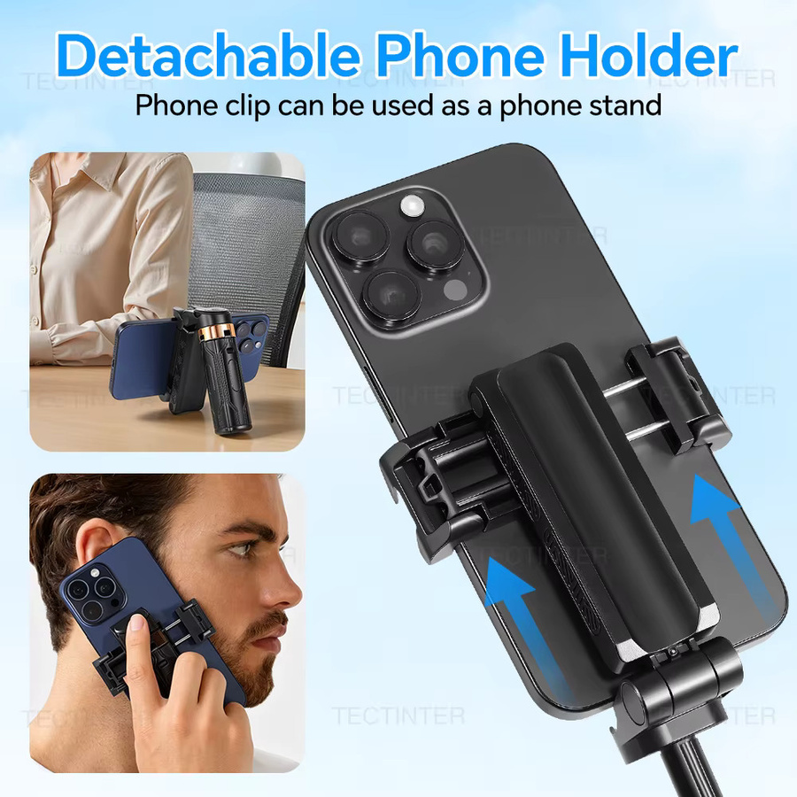 TECTINTER Multifunktions Selfie-Stick-Stativ mit abnehmbarer kabelloser Fernbedienung und Telefonhalter in Schwarz - Bild 5