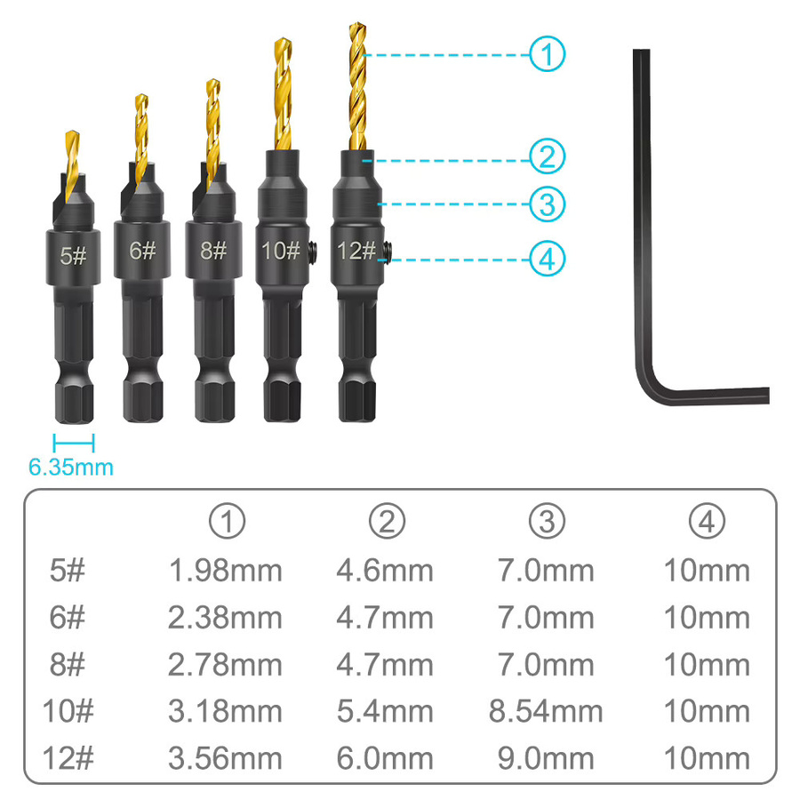 XCAN 5-teiliges Senkerbohrer-Set mit 1/4 Zoll Sechskantschaft für die Holzbearbeitung, Bohrpilot-Lochschneider für Schrauben, Größen 5/6/8/10/12 mm - Bild 2