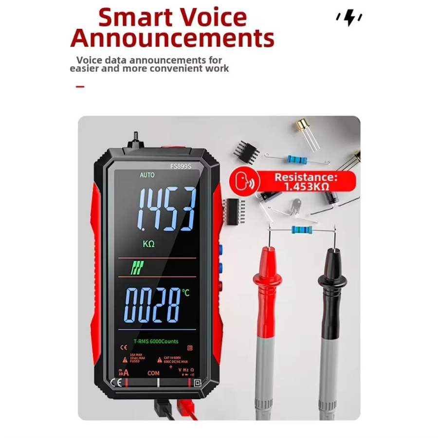ANENG FS899C Digitalmultimeter in Schwarz mit 4,8 Zoll Großbildschirm, wiederaufladbar, automatische Bereichswahl, 6000 Zählungen, Kapazität, Ohm, Hz, Diode und Live-Check - Bild 2