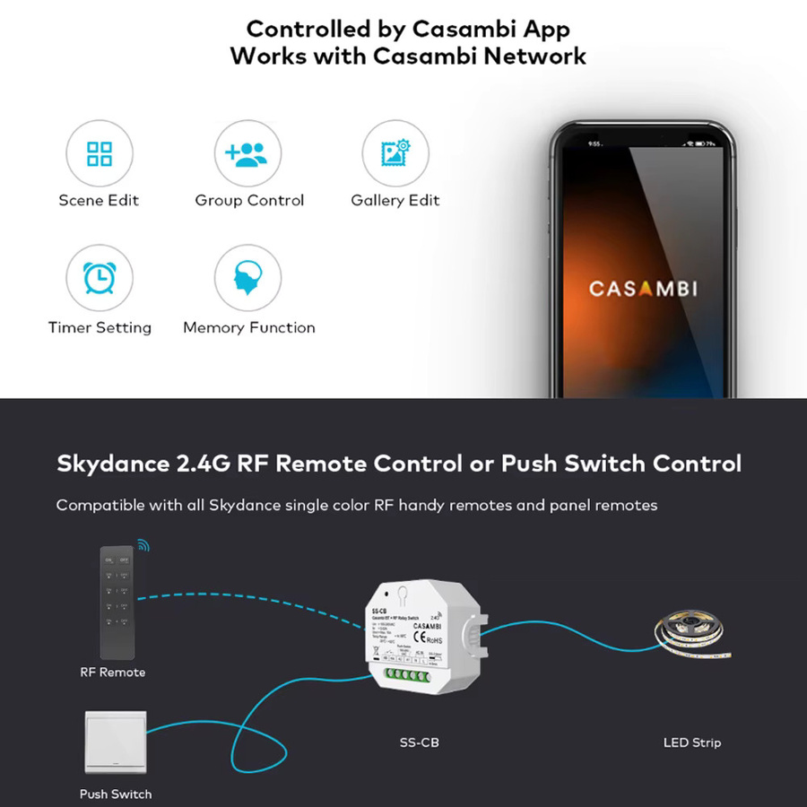 CENFAYA Casambi Bluetooth RF Relais Schalter zur App-Steuerung für einfarbige LED Lampen, Weiß - Bild 2
