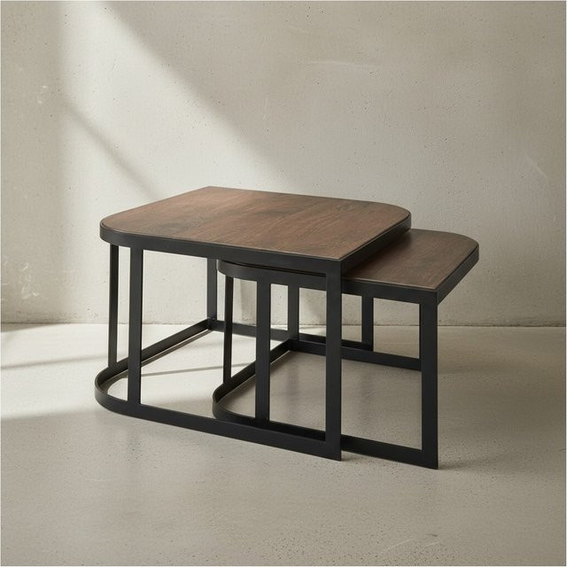 KADIMA DESIGN Beistelltisch-Set TIMAVO aus Mango-Massivholz und Eisen in Braun, Industrieller Stil mit abgerundeten Ecken, Set bestehend aus zwei Tischen, Tisch 1: H: 60 cm, B: 60 cm, T: 40 cm und Tisch 2: H: 50 cm, B: 50 cm, T: 35 cm - Bild 1