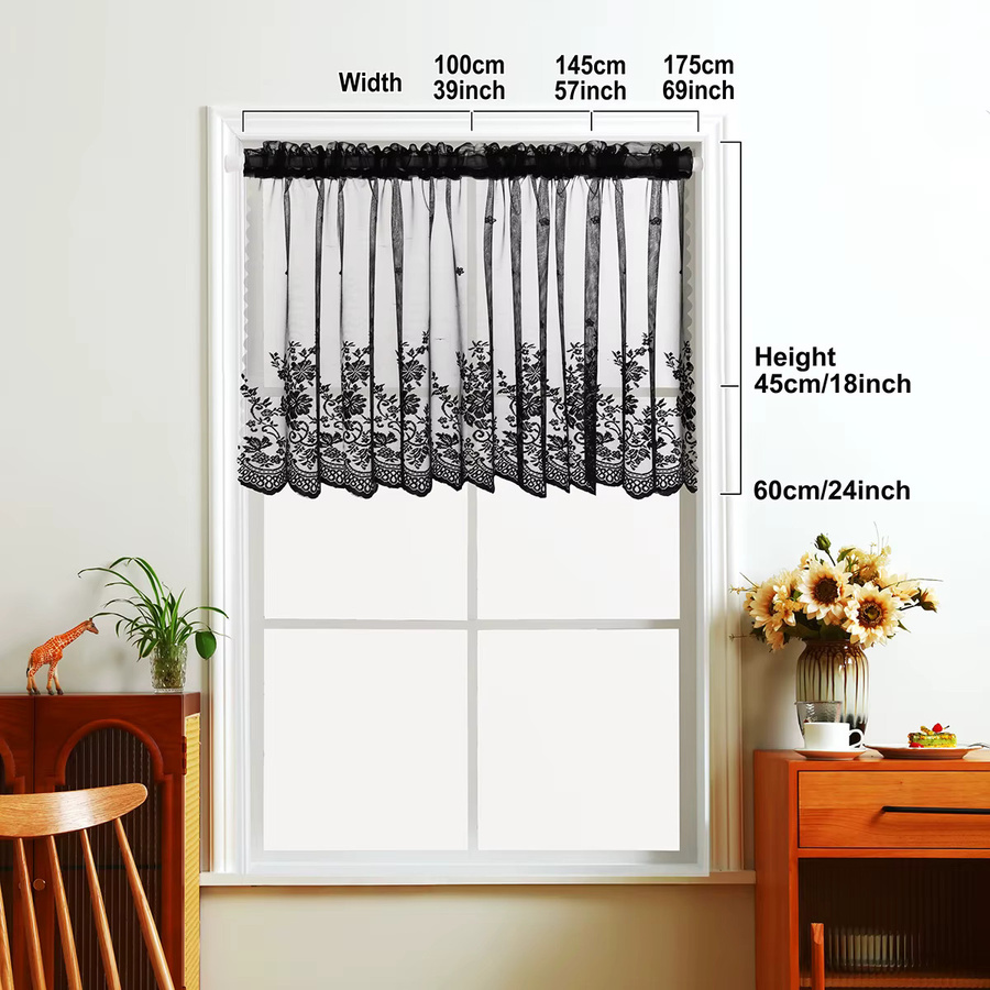 Kurzer Vorhang aus schwarzer Spitze mit Blumenmuster und Tüll-Design für die Küche, Breite: 90 cm, Höhe: 100 cm - Bild 3