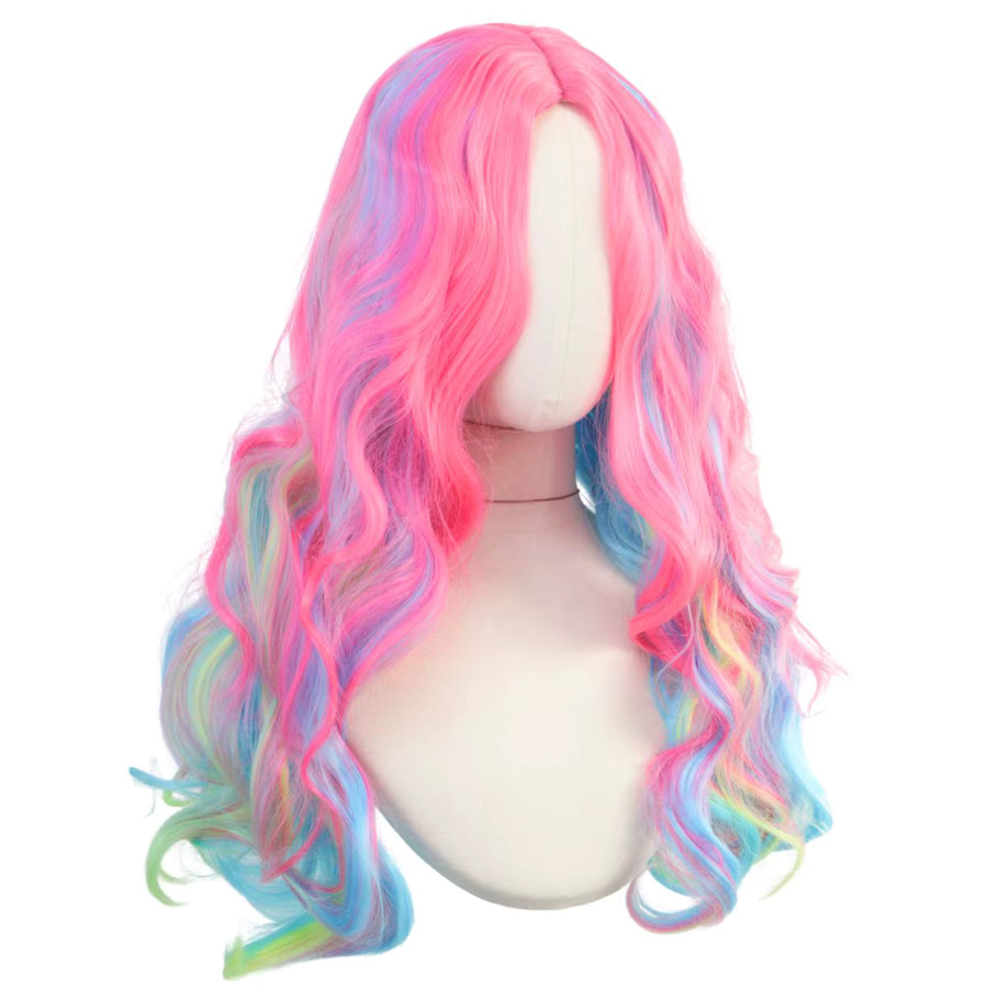 Anxin Kunstfaserperücke, langes gewelltes Haar, Rosa-Blau-Lila Farbverlauf - Bild 1