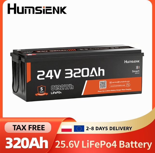 Humsienk 24V 320Ah LiFePO4 Batterie mit 8192Wh Kapazität, schwarze Deep-Cycle-Lithium-Eisenphosphat-Batterie mit integriertem 200A Smart BMS und Bluetooth-App-Überwachung für Wohnmobile, Camper, Solar-Off-Grid und Marine - Bild 1