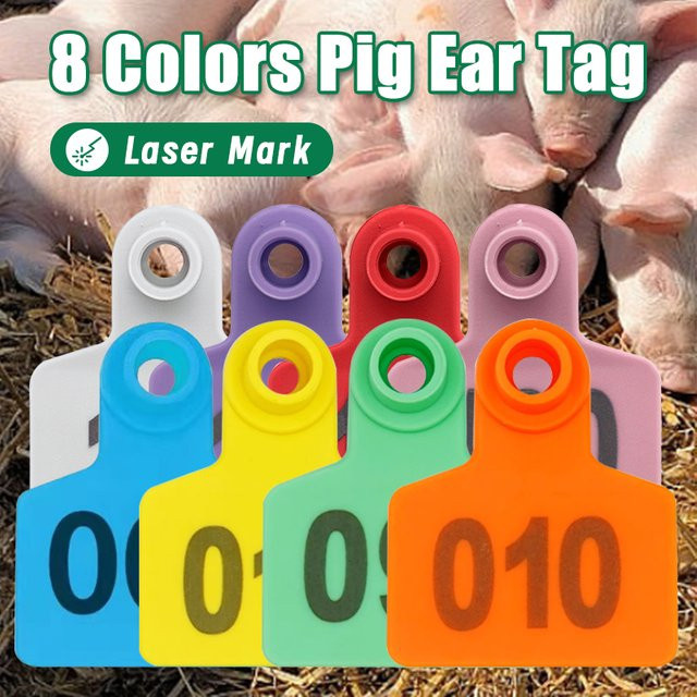 100 Stück Ohrmarken aus Kunststoff für Schweine, Schafe und Ziegen mit Lasermarkierung in 8 Farben, Identifikationskarten für Nutztiere, Nummerierung 001–100 - Bild 1