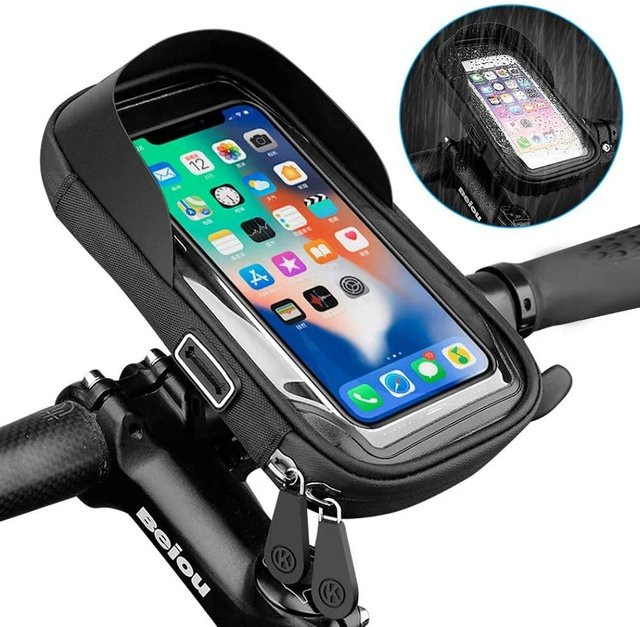 Wasserdichte Bojay Handyhalterung für Fahrrad und Motorrad mit Touchscreen-Tasche für 6,4 Zoll Geräte in Schwarz - Bild 1