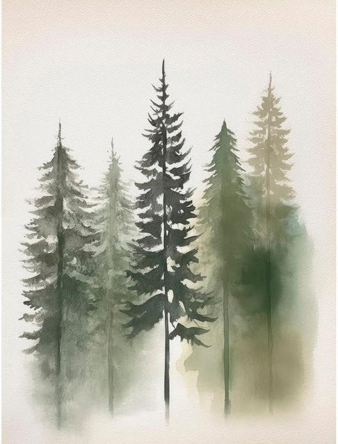 Sweet Art Gallery Wandkunst Aquarell Nebel Wald und Berge mit Kiefern als Leinwanddruck in Grün, B: 21 cm, H: 30 cm, ohne Rahmen - Bild 1