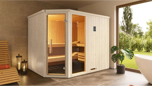 Weka Elementsauna Varberg 4 aus Fichtenholz in Braun inklusive 7,5 kW Ofenset, B/H/T: 244 x 199 x 194 cm - Bild 1