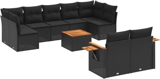 vidaXL 10-teilige Garten-Sofagarnitur aus Poly-Rattan und Akazienholz in Schwarz mit Kissen - Bild 1