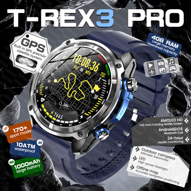 GUHUAVMI T-REX3 PRO Herren Militär-GPS-Smartwatch in Schwarz mit AMOLED HD Display, Bluetooth-Anruf, 1000mAh Akku und 10ATM Wasserdichtigkeit - Bild 1