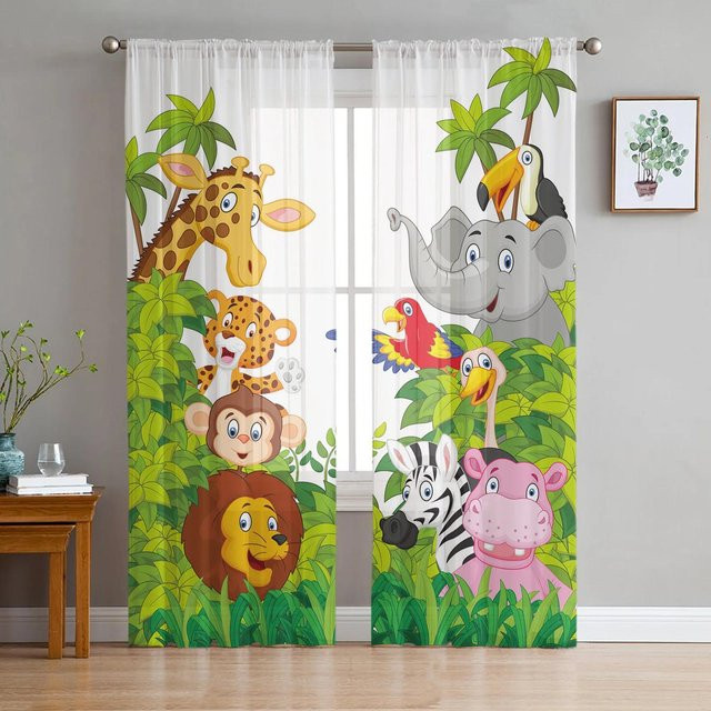 Yiran Furniture Transparentes Tüll-Vorhang mit Dschungel Wald Cartoon Tier Motiv, Organza-Vorhang für Wohnzimmer und Schlafzimmer, B: 135 cm, H: 115 cm - Bild 1
