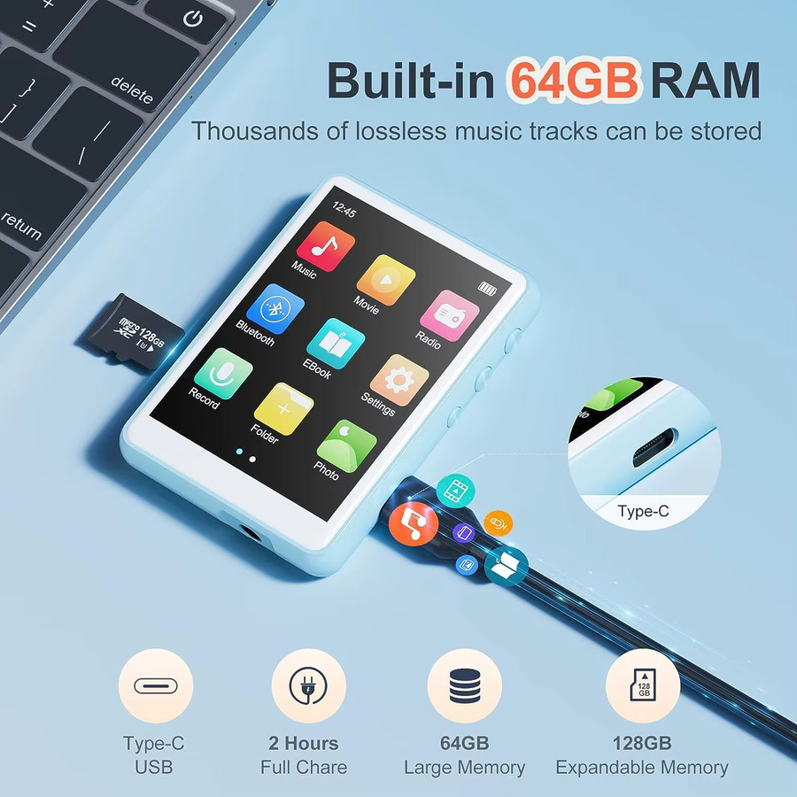 MECHEN MP3-Player mit 64GB Speicher, 6,5 Zoll Touchscreen, Bluetooth 2,4 und HiFi Lossless Sound in Blau - Bild 3